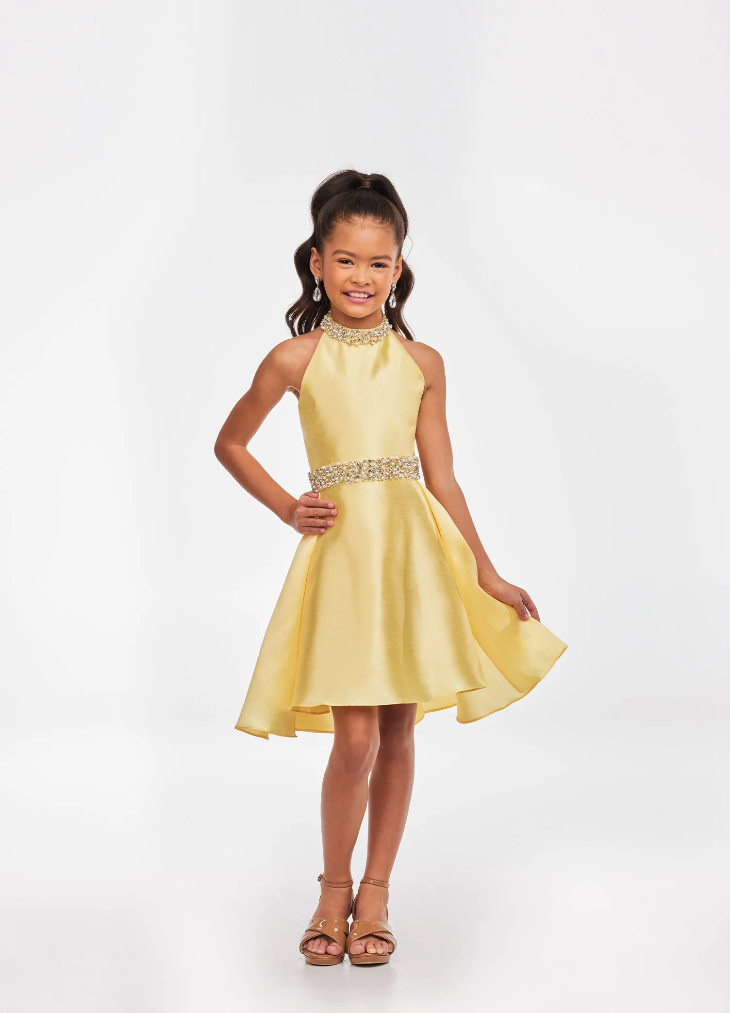 Ashley Lauren Kids 8103 Size 4 Yellow Short Halter cocktail dress with overskirt Pageant Wear