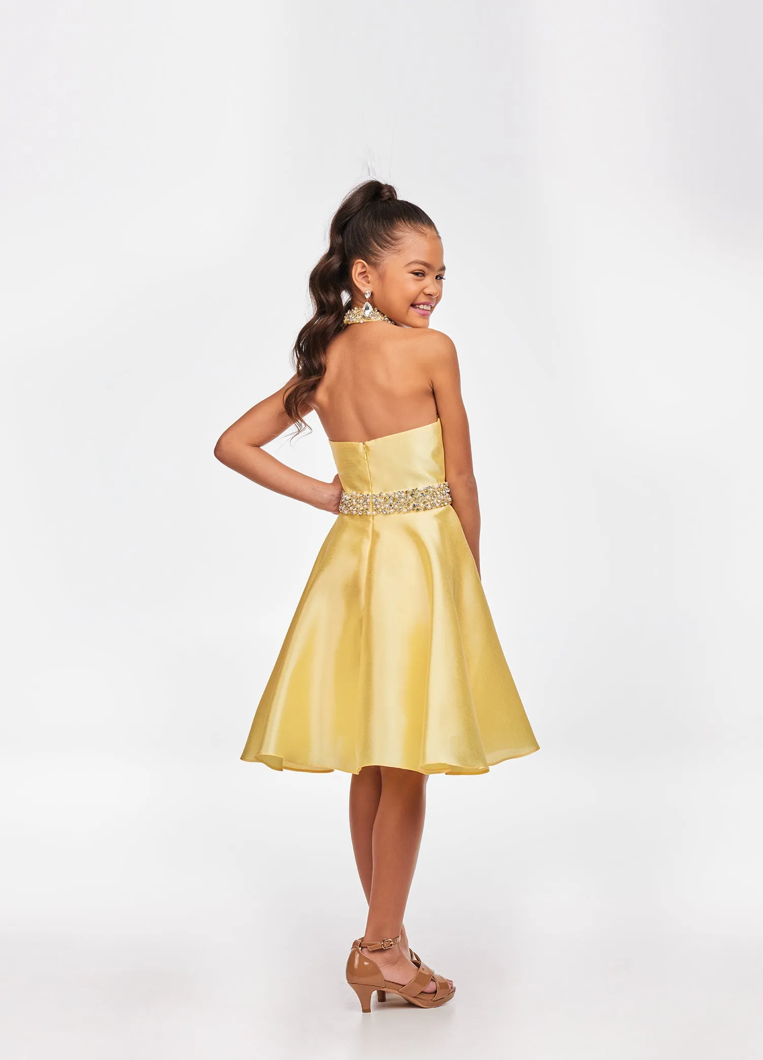 Ashley Lauren Kids 8103 Size 4 Yellow Short Halter cocktail dress with overskirt Pageant Wear