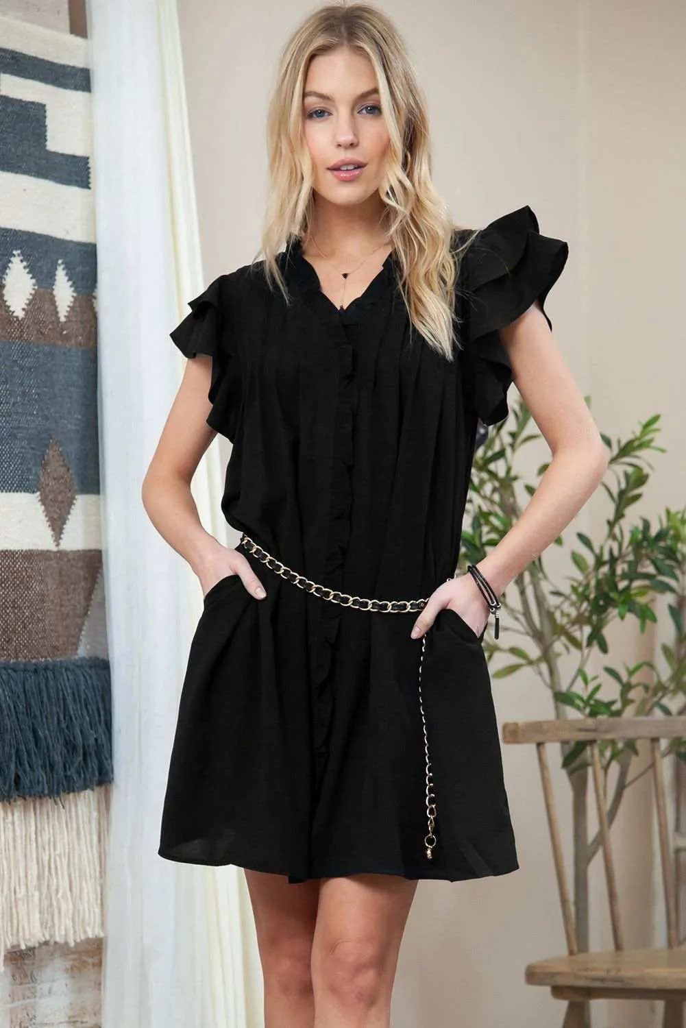 Black Ruffle Sleeve V Neck Frilled Shift Dress - Cute Sexy Chic Style