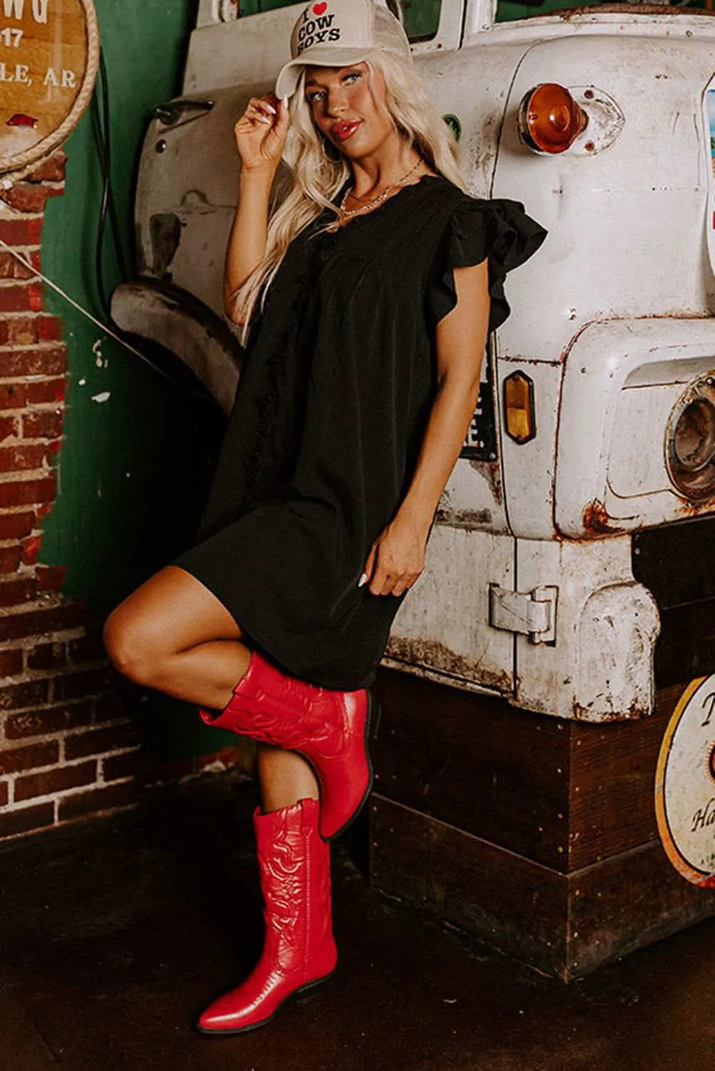 Black Ruffle Sleeve V Neck Frilled Shift Dress - Cute Sexy Chic Style