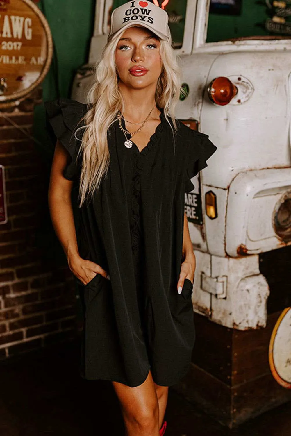 Black Ruffle Sleeve V Neck Frilled Shift Dress - Cute Sexy Chic Style