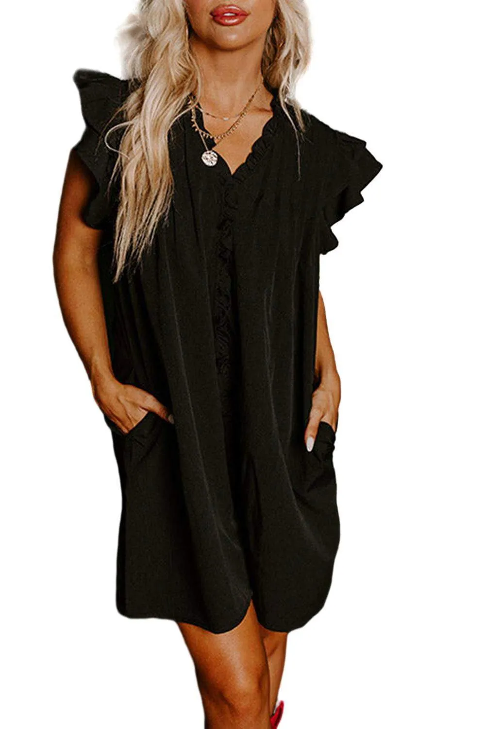 Black Ruffle Sleeve V Neck Frilled Shift Dress - Cute Sexy Chic Style