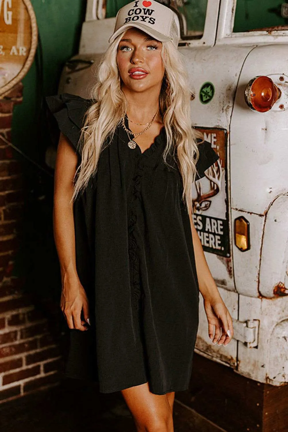 Black Ruffle Sleeve V Neck Frilled Shift Dress - Cute Sexy Chic Style