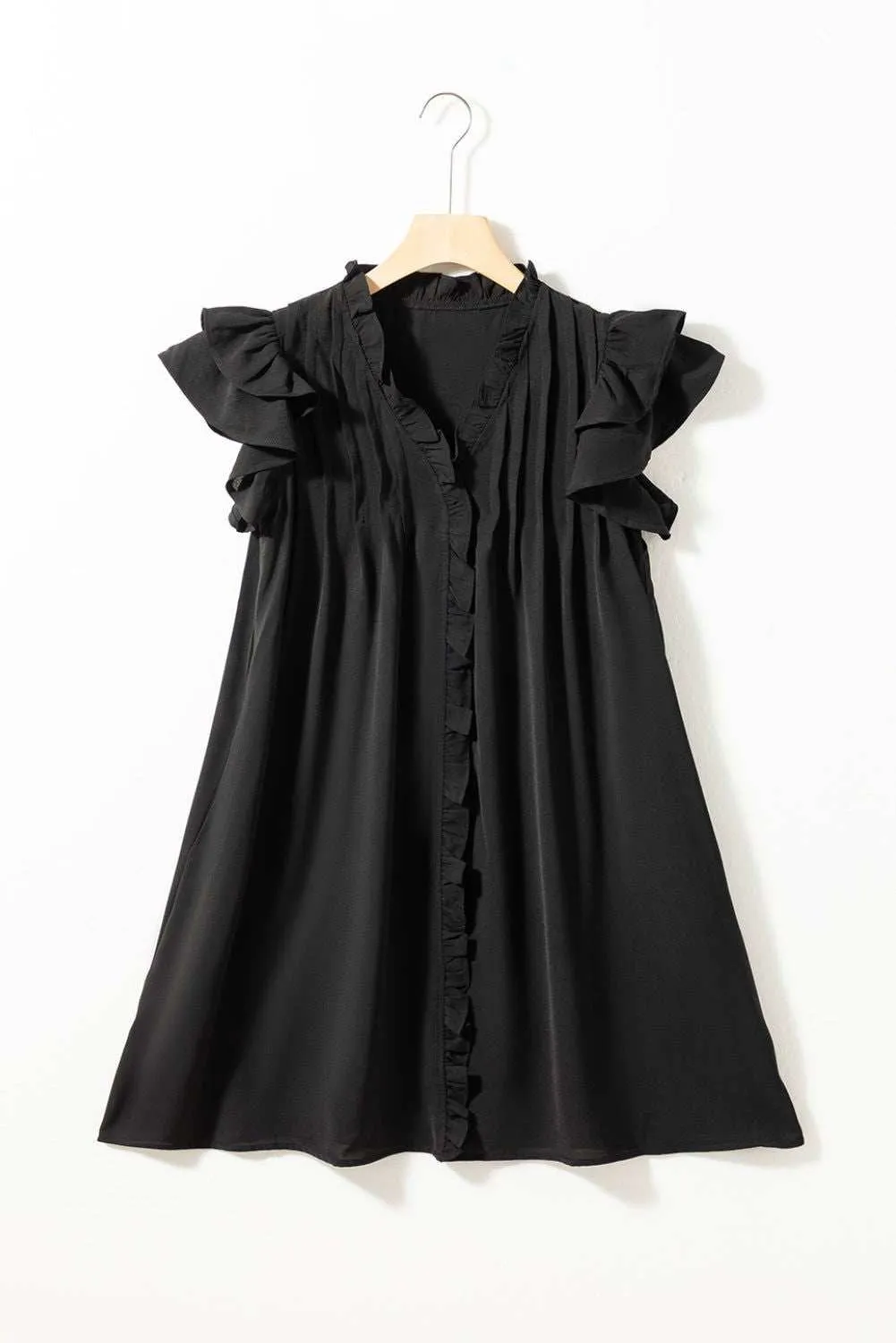Black Ruffle Sleeve V Neck Frilled Shift Dress - Cute Sexy Chic Style