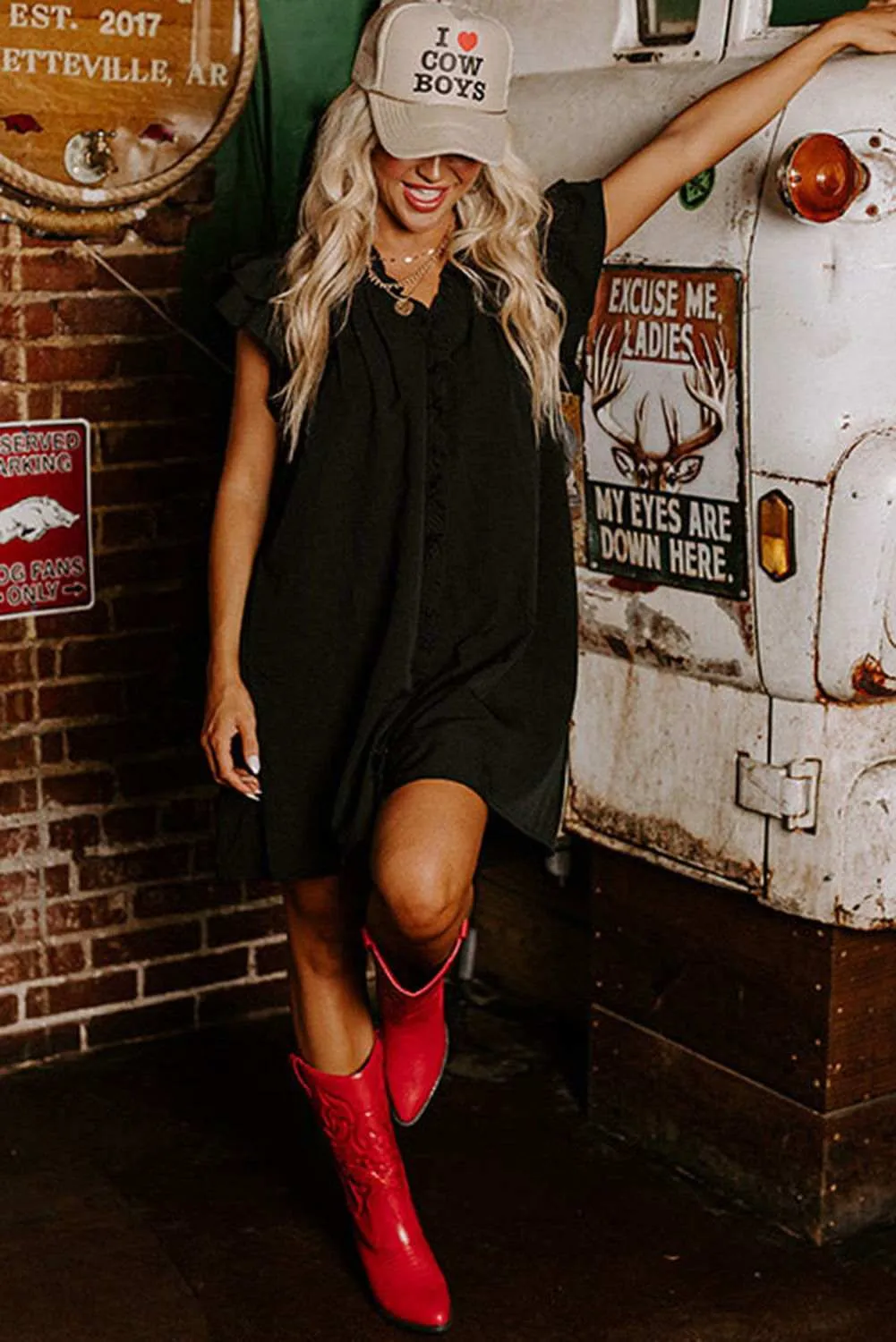 Black Ruffle Sleeve V Neck Frilled Shift Dress - Cute Sexy Chic Style