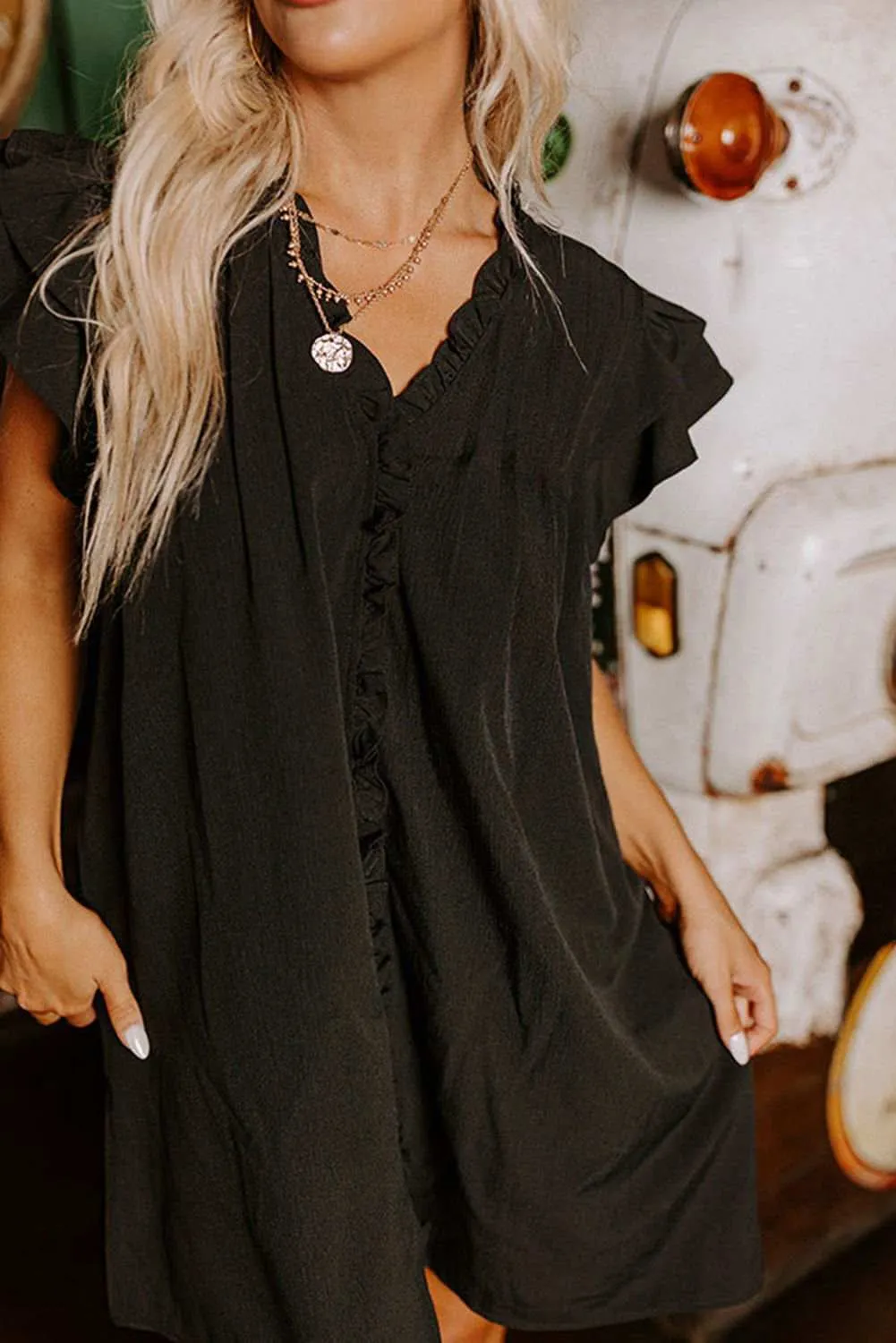 Black Ruffle Sleeve V Neck Frilled Shift Dress - Cute Sexy Chic Style