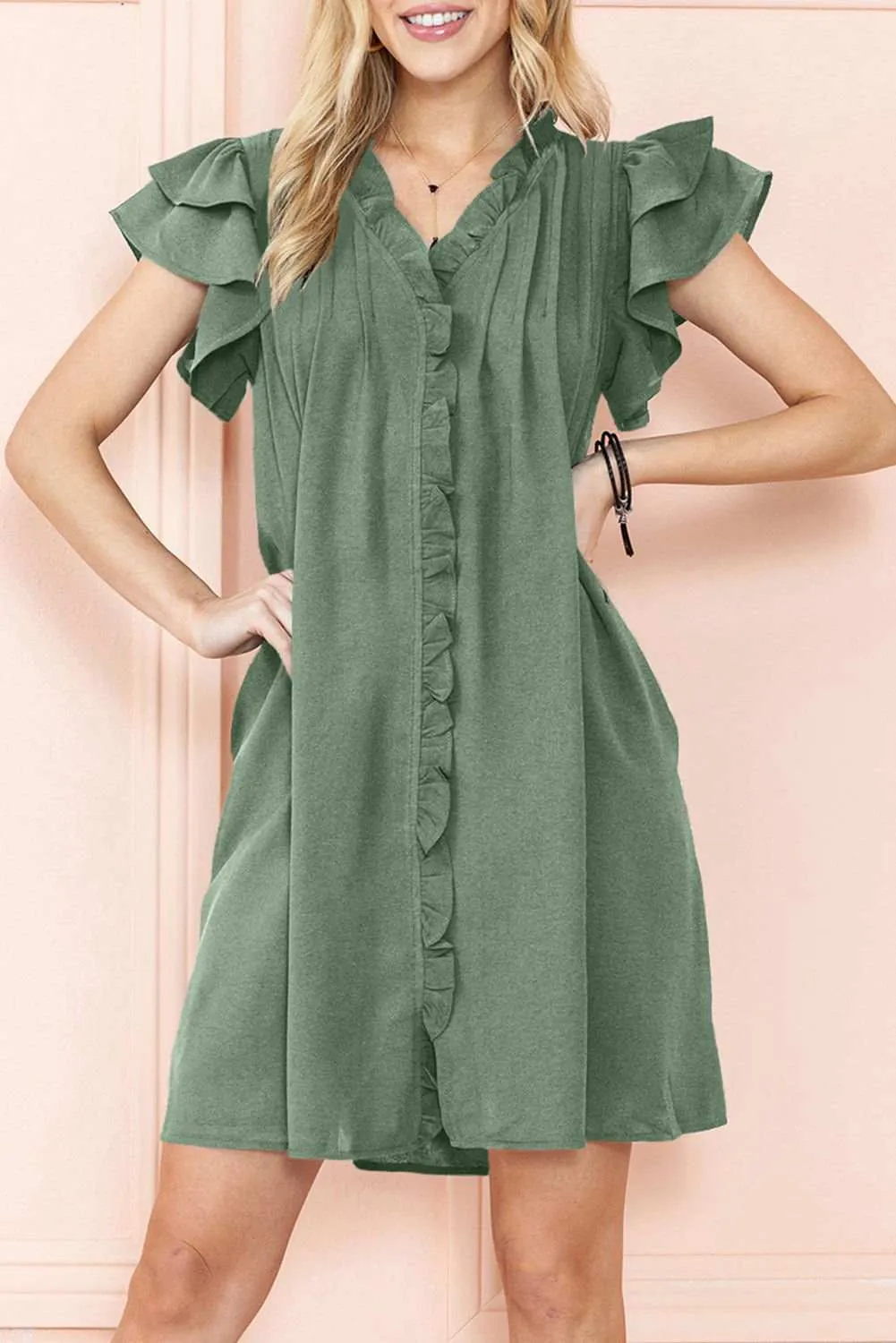 Black Ruffle Sleeve V Neck Frilled Shift Dress - Cute Sexy Chic Style