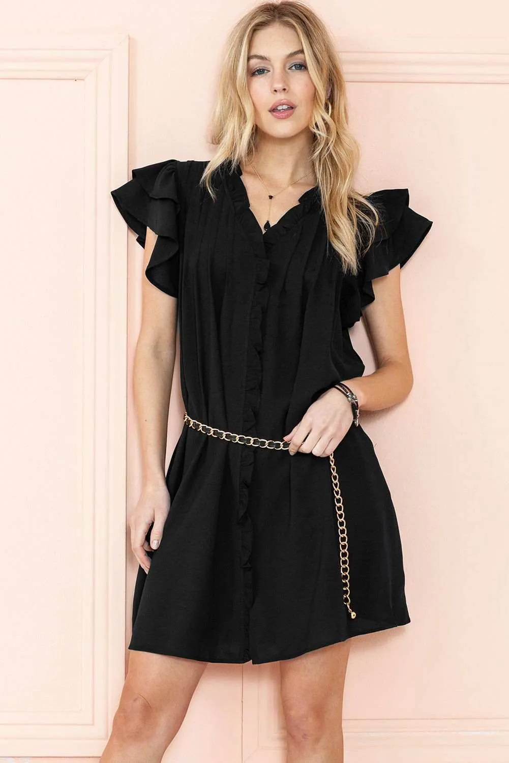 Black Ruffle Sleeve V Neck Frilled Shift Dress - Cute Sexy Chic Style