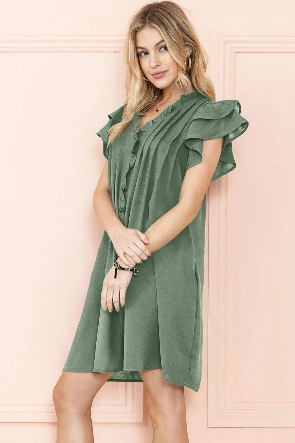 Black Ruffle Sleeve V Neck Frilled Shift Dress - Cute Sexy Chic Style
