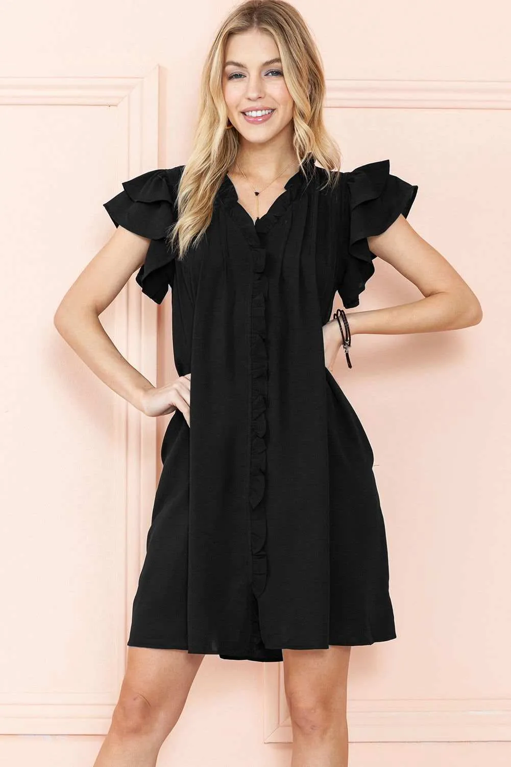 Black Ruffle Sleeve V Neck Frilled Shift Dress - Cute Sexy Chic Style