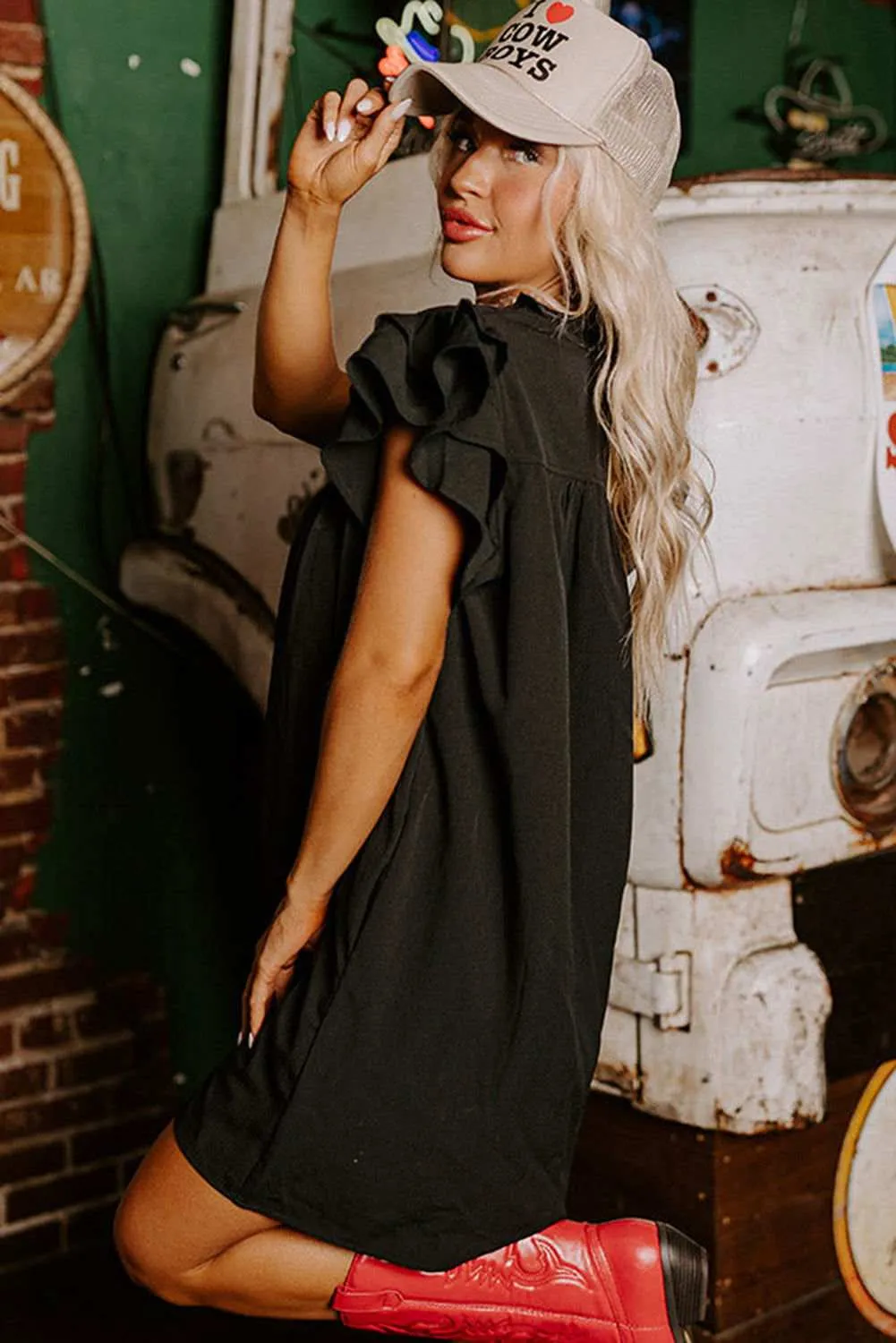 Black Ruffle Sleeve V Neck Frilled Shift Dress - Cute Sexy Chic Style