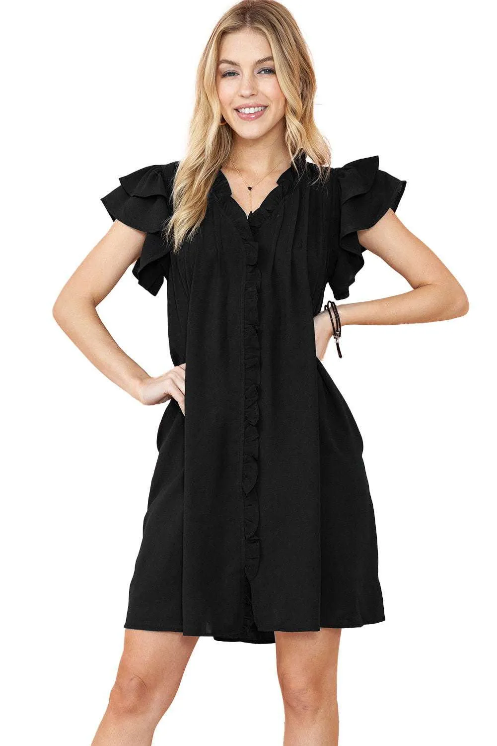 Black Ruffle Sleeve V Neck Frilled Shift Dress - Cute Sexy Chic Style
