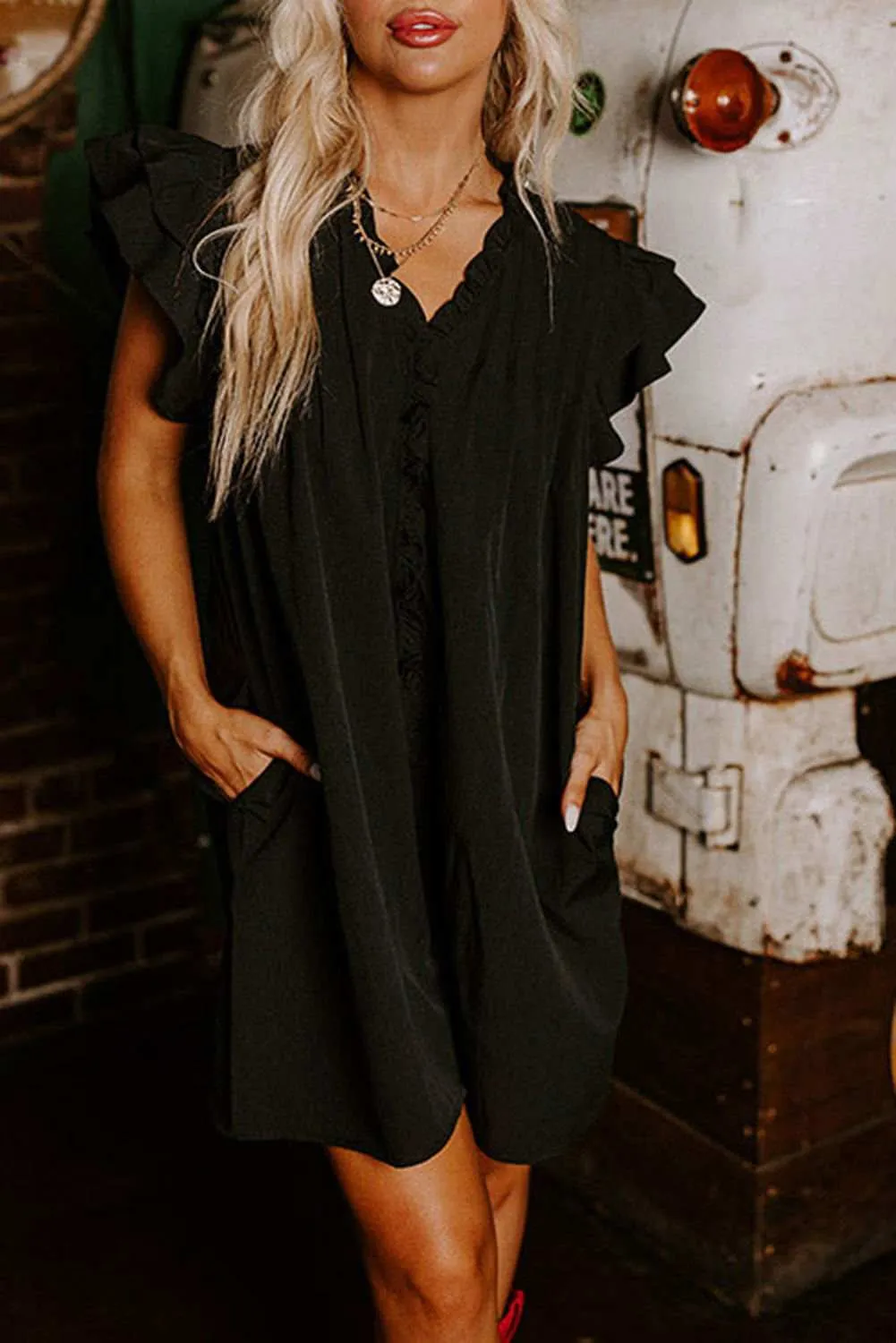 Black Ruffle Sleeve V Neck Frilled Shift Dress - Cute Sexy Chic Style