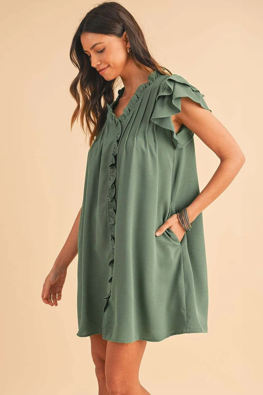 Black Ruffle Sleeve V Neck Frilled Shift Dress - Cute Sexy Chic Style