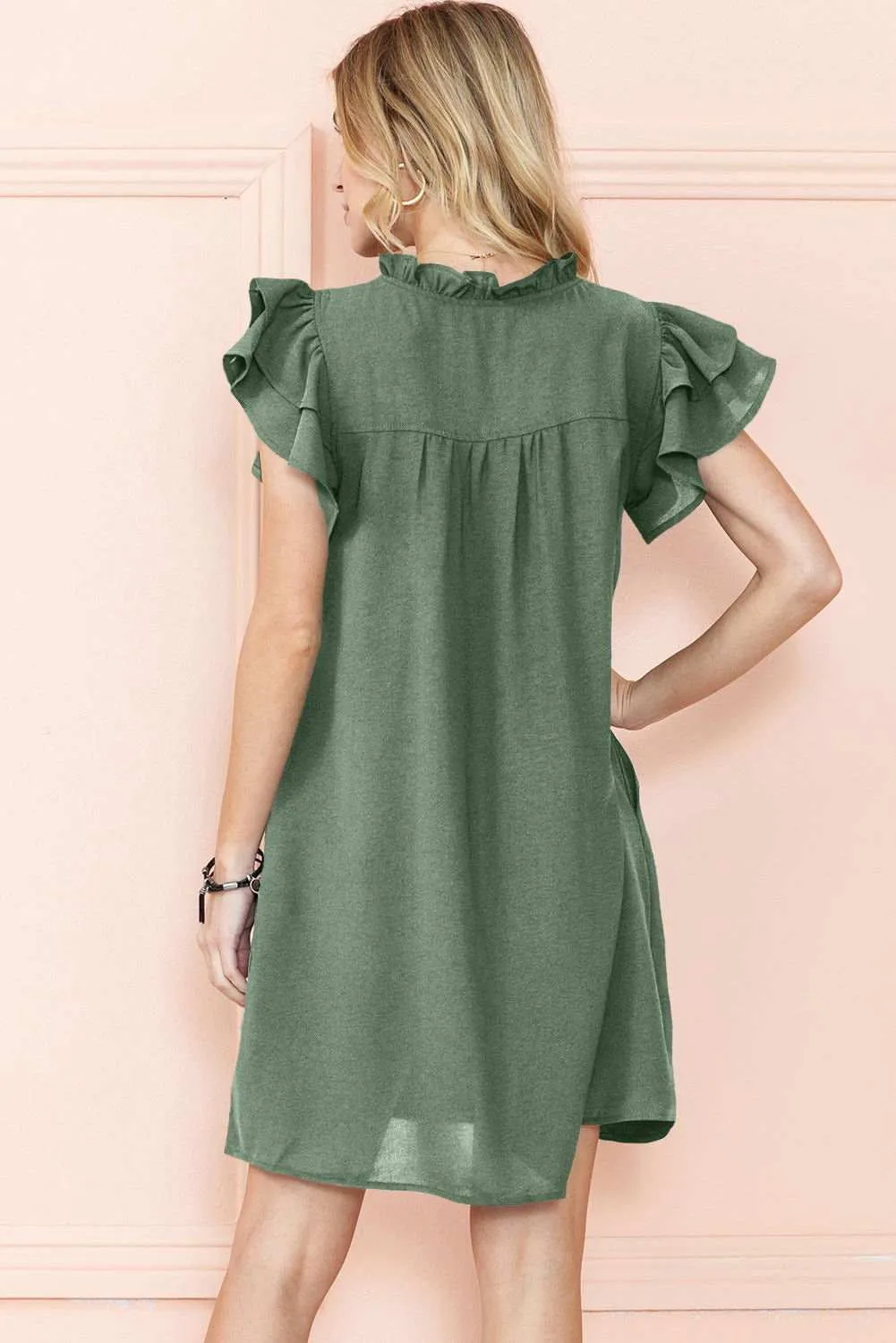 Black Ruffle Sleeve V Neck Frilled Shift Dress - Cute Sexy Chic Style