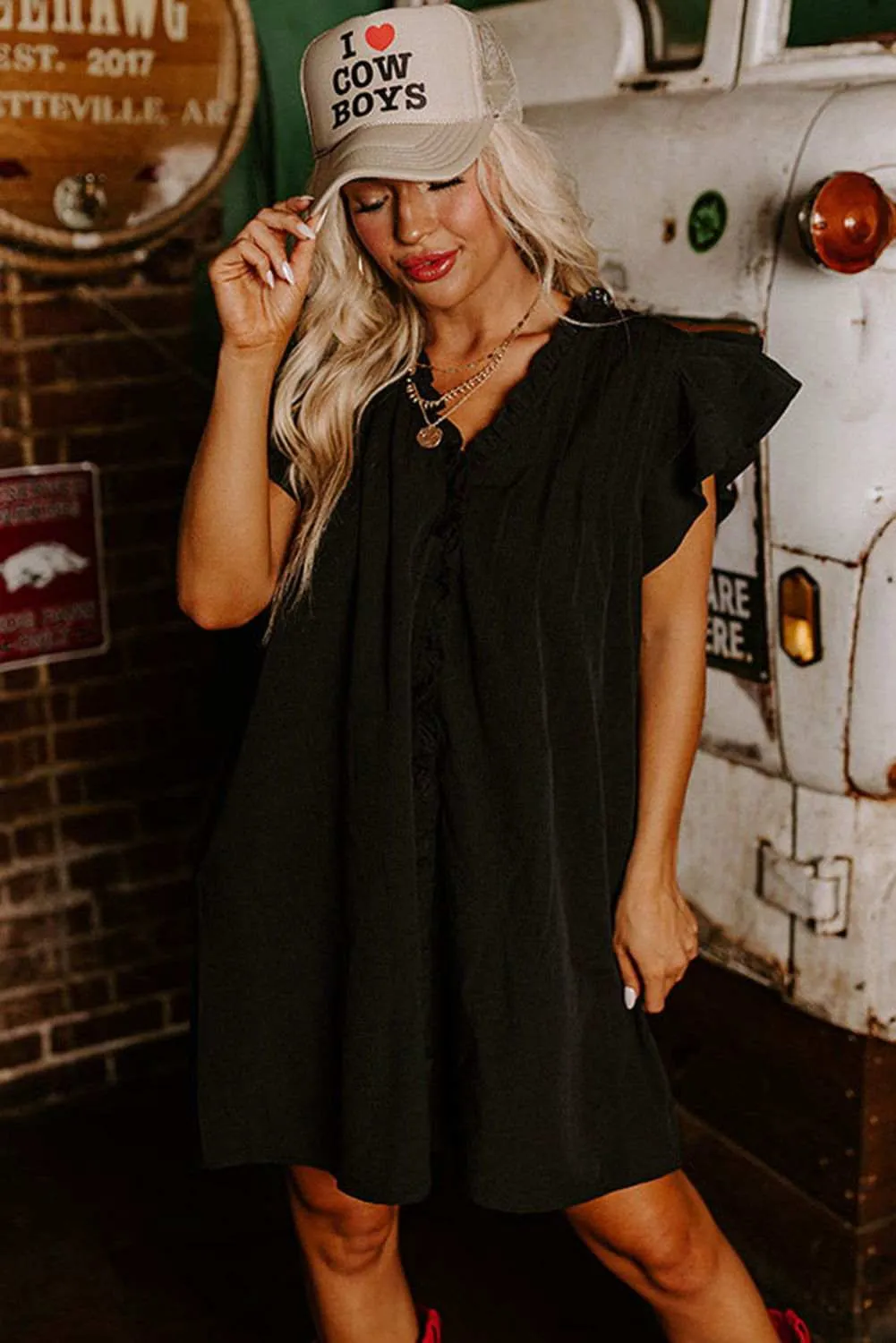 Black Ruffle Sleeve V Neck Frilled Shift Dress - Cute Sexy Chic Style