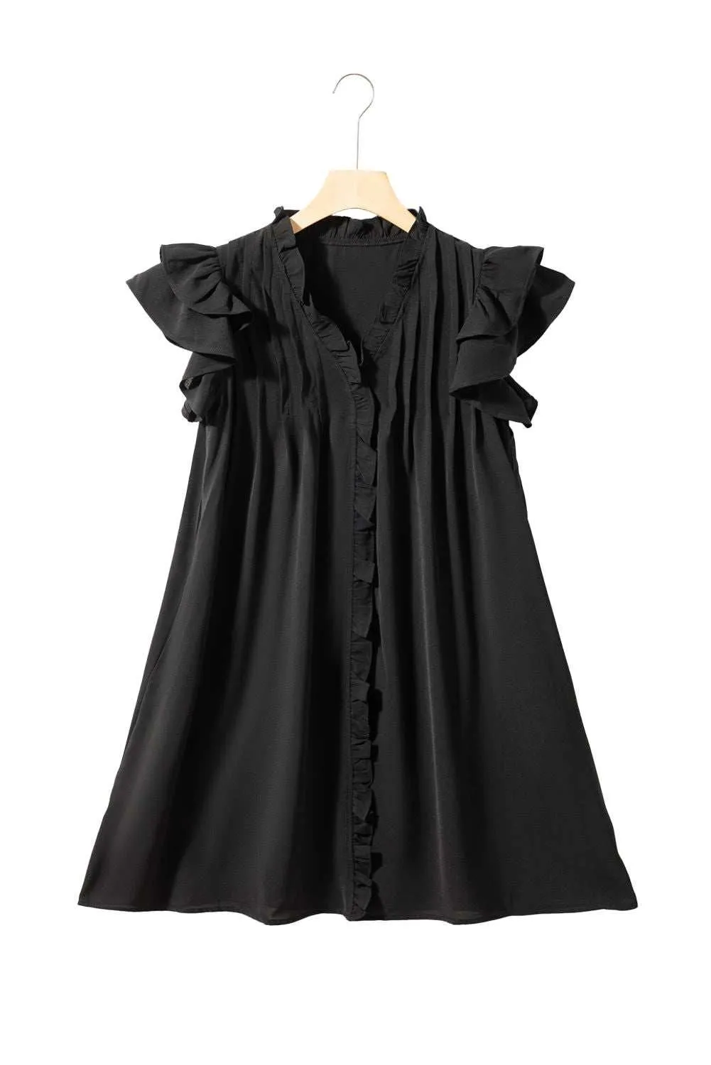 Black Ruffle Sleeve V Neck Frilled Shift Dress - Cute Sexy Chic Style