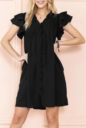 Black Ruffle Sleeve V Neck Frilled Shift Dress - Cute Sexy Chic Style
