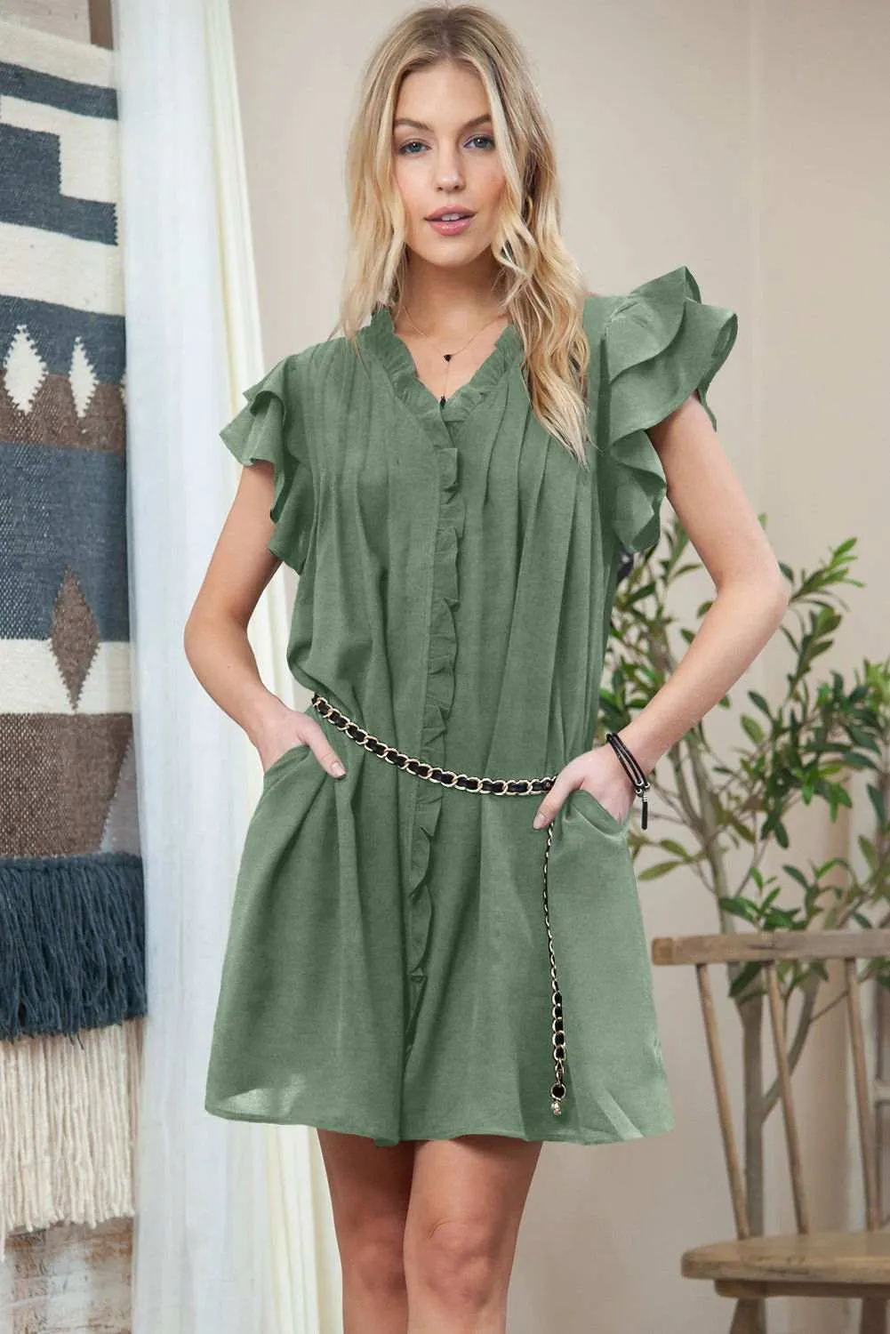 Black Ruffle Sleeve V Neck Frilled Shift Dress - Cute Sexy Chic Style