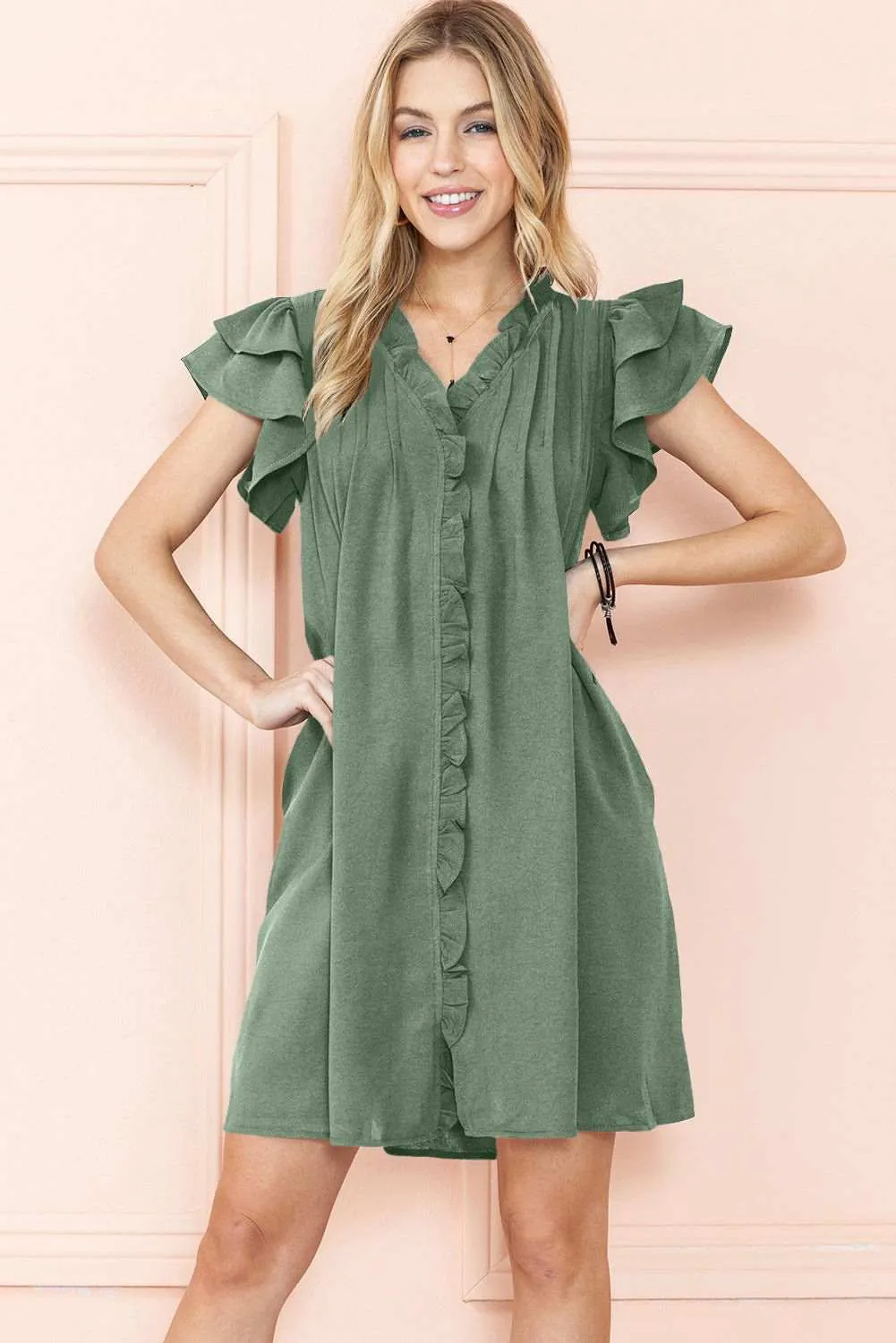 Black Ruffle Sleeve V Neck Frilled Shift Dress - Cute Sexy Chic Style