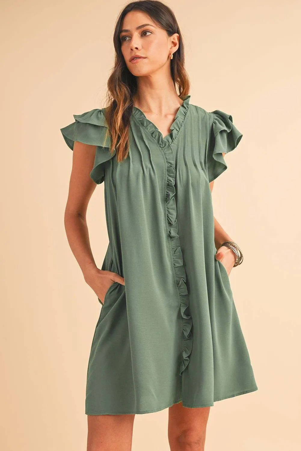 Black Ruffle Sleeve V Neck Frilled Shift Dress - Cute Sexy Chic Style