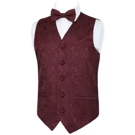 Boy's Classic Paisley Bow Tie and Suit Vest Set, 079-Dark Red