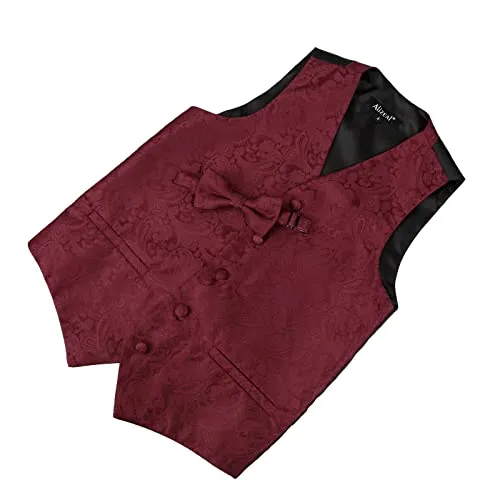 Boy's Classic Paisley Bow Tie and Suit Vest Set, 079-Dark Red