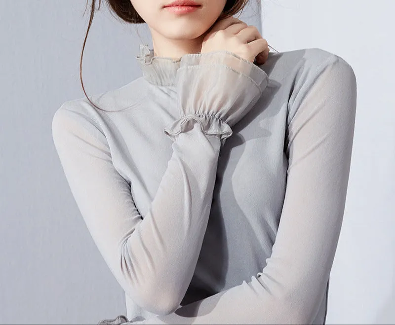 Fashion Lotus Leaf Collar Mesh Bottoming Shirt