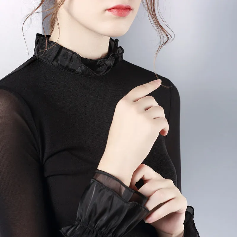 Fashion Lotus Leaf Collar Mesh Bottoming Shirt