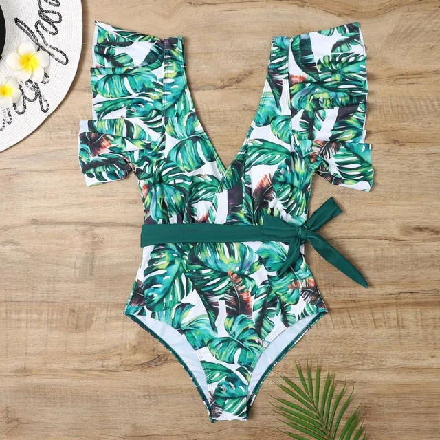 Floral Leaf Sexy Ruffle  One Piece Swimsuit