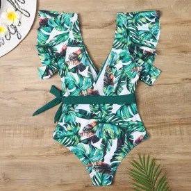 Floral Leaf Sexy Ruffle  One Piece Swimsuit