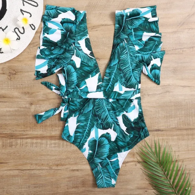 Floral Leaf Sexy Ruffle  One Piece Swimsuit