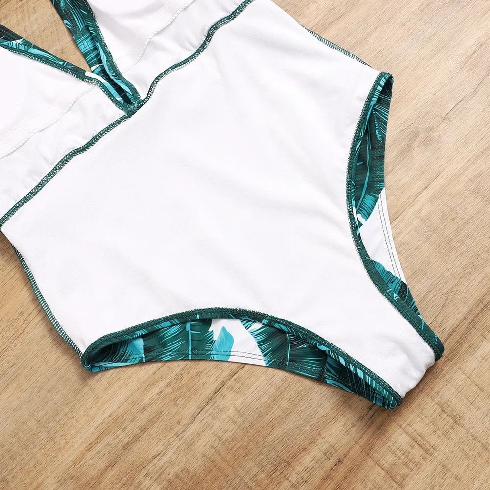 Floral Leaf Sexy Ruffle  One Piece Swimsuit