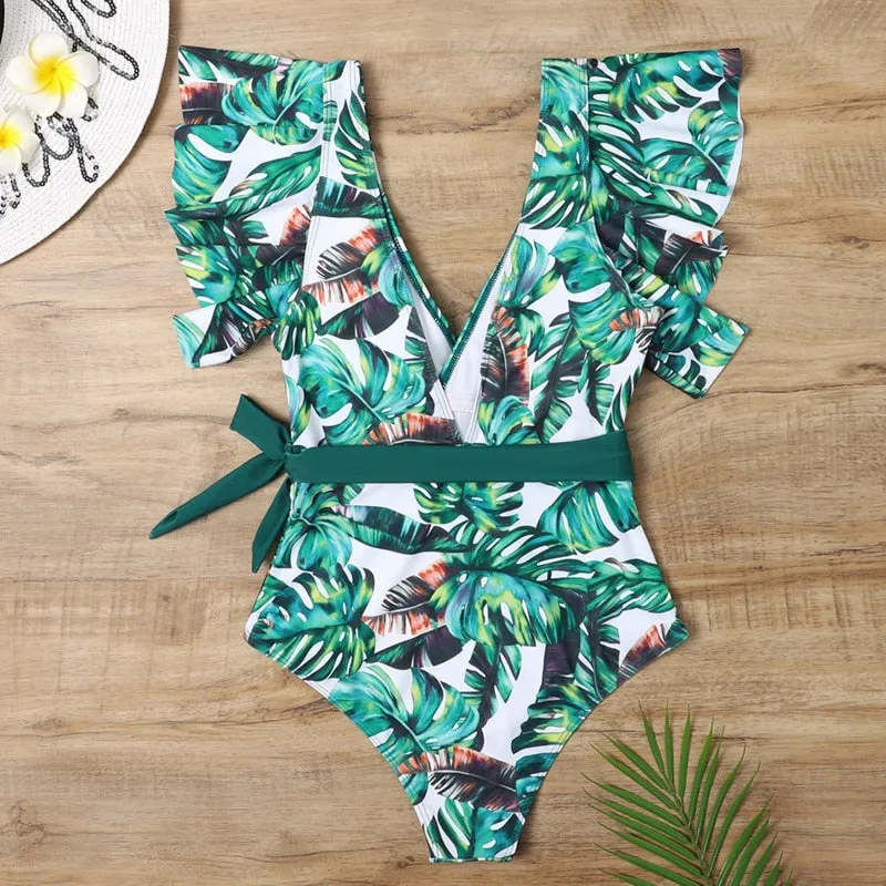Floral Leaf Sexy Ruffle  One Piece Swimsuit