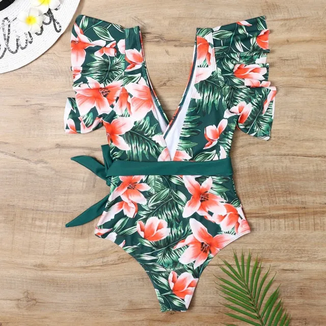 Floral Leaf Sexy Ruffle  One Piece Swimsuit