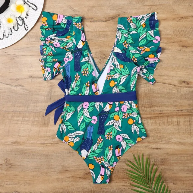 Floral Leaf Sexy Ruffle  One Piece Swimsuit