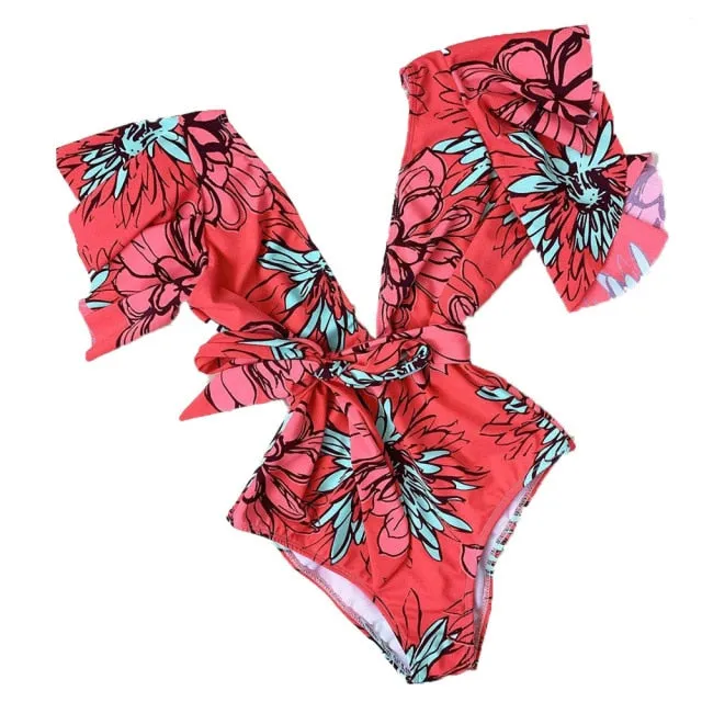 Floral Leaf Sexy Ruffle  One Piece Swimsuit