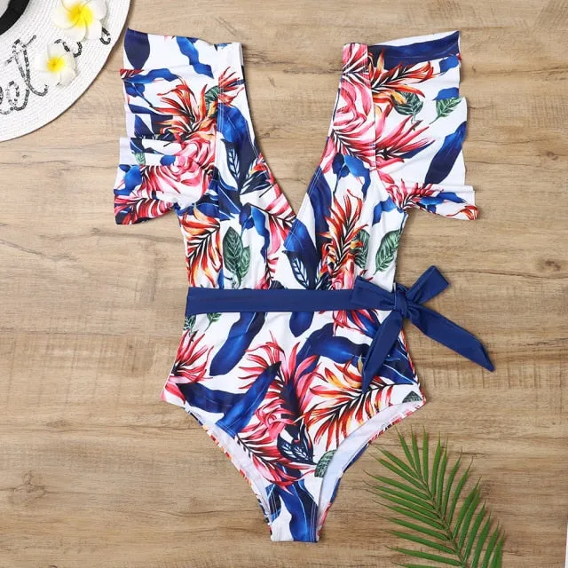 Floral Leaf Sexy Ruffle  One Piece Swimsuit