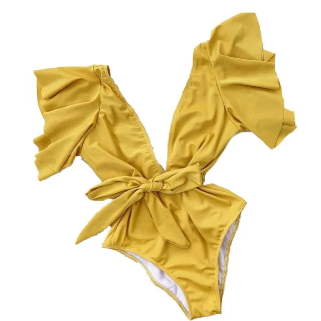 Floral Leaf Sexy Ruffle  One Piece Swimsuit