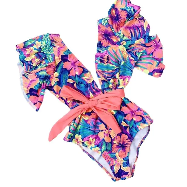 Floral Leaf Sexy Ruffle  One Piece Swimsuit