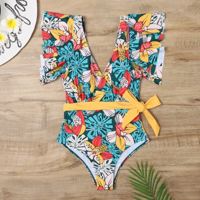 Floral Leaf Sexy Ruffle  One Piece Swimsuit