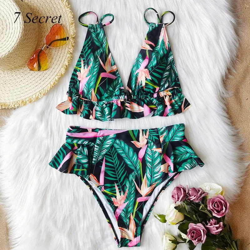 Floral Print Ruffled High Waist Bikini Swimsuit