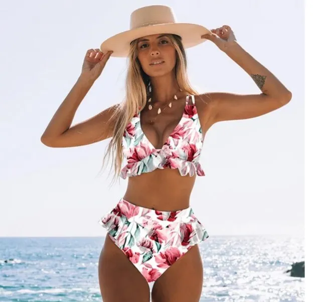 Floral Print Ruffled High Waist Bikini Swimsuit