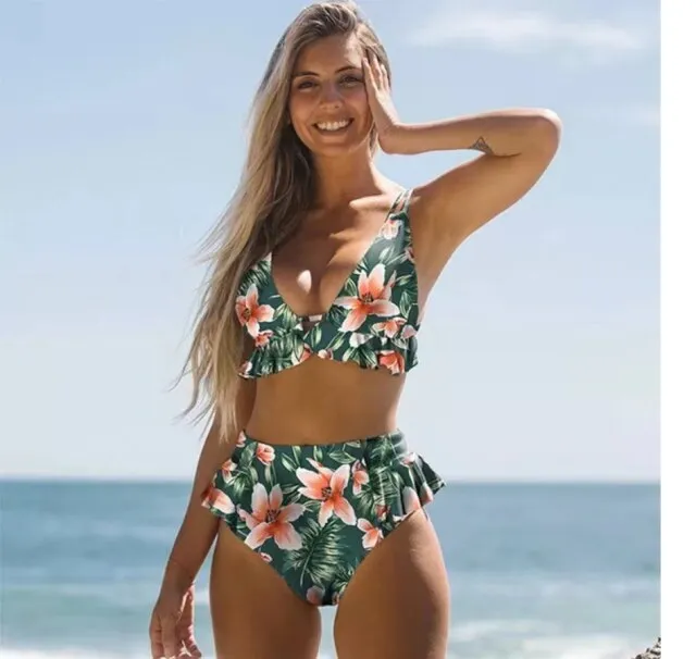 Floral Print Ruffled High Waist Bikini Swimsuit