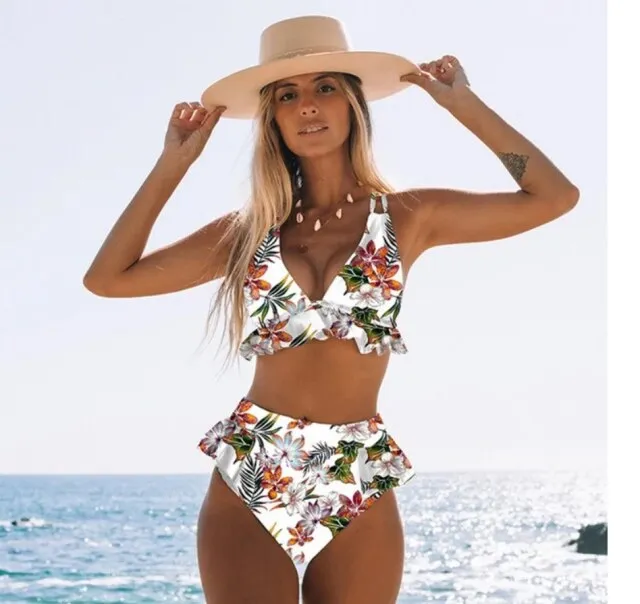 Floral Print Ruffled High Waist Bikini Swimsuit