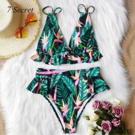 Floral Print Ruffled High Waist Bikini Swimsuit