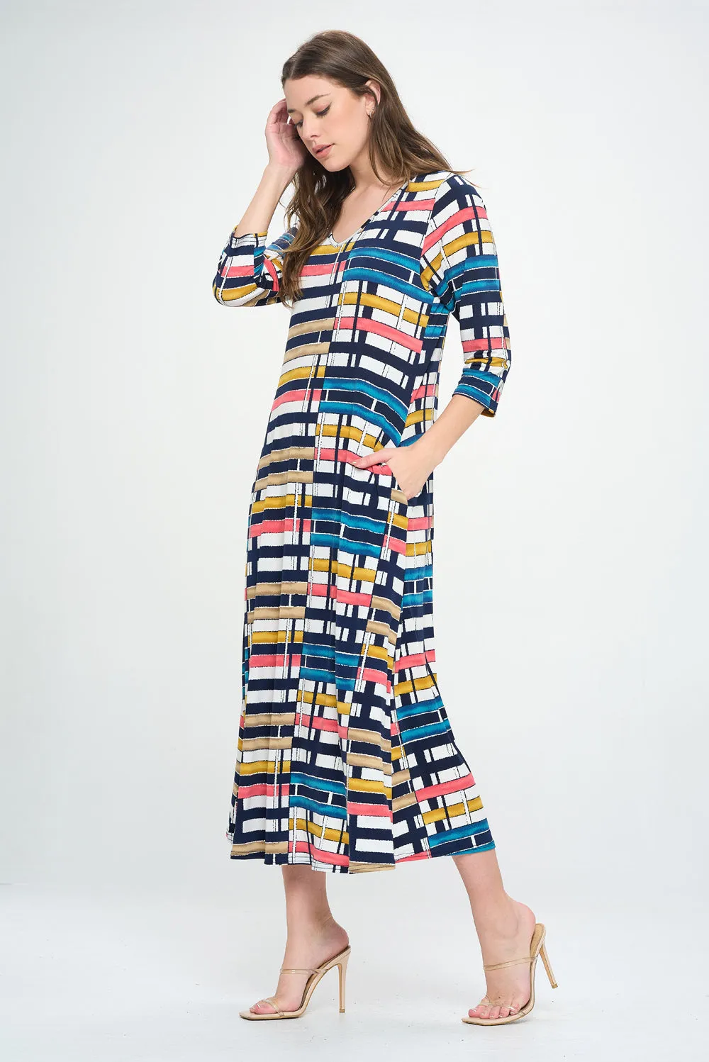 HIT V-Neck Long Dress W/Pocket-7085HT-QRP1-K-W358