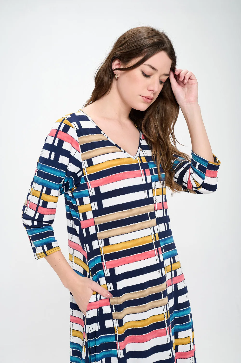 HIT V-Neck Long Dress W/Pocket-7085HT-QRP1-K-W358