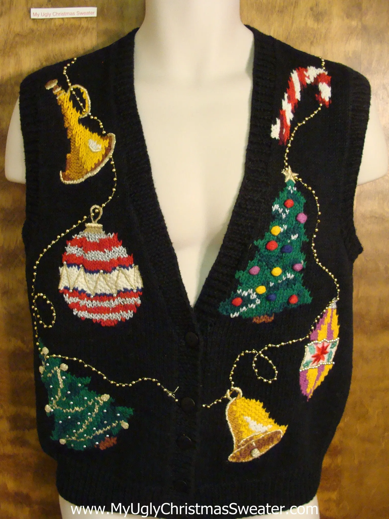 Holiday Sweater Vest with Ornaments and Trees