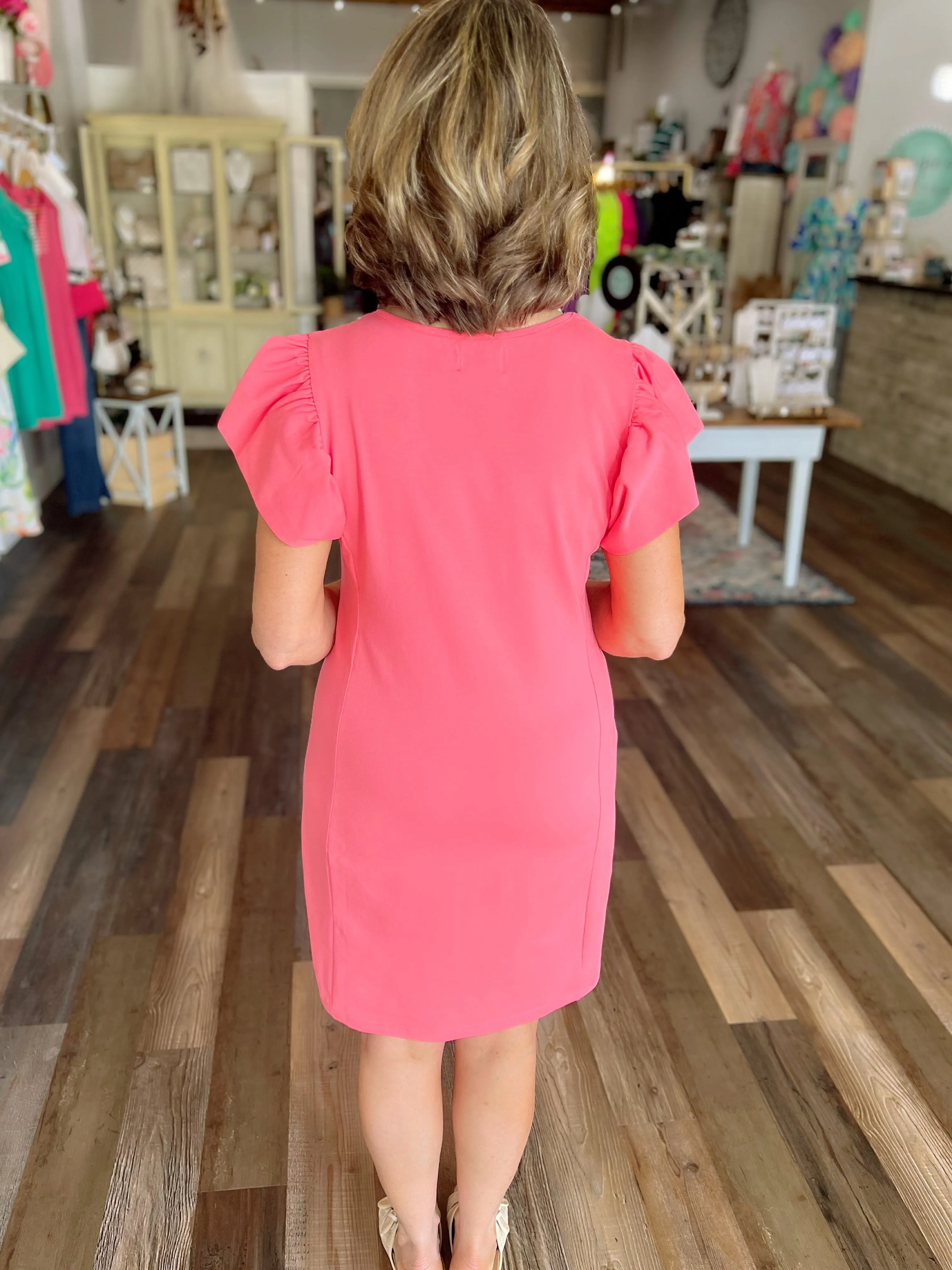 Kendall Flutter Sleeve Dress in Coral or Green